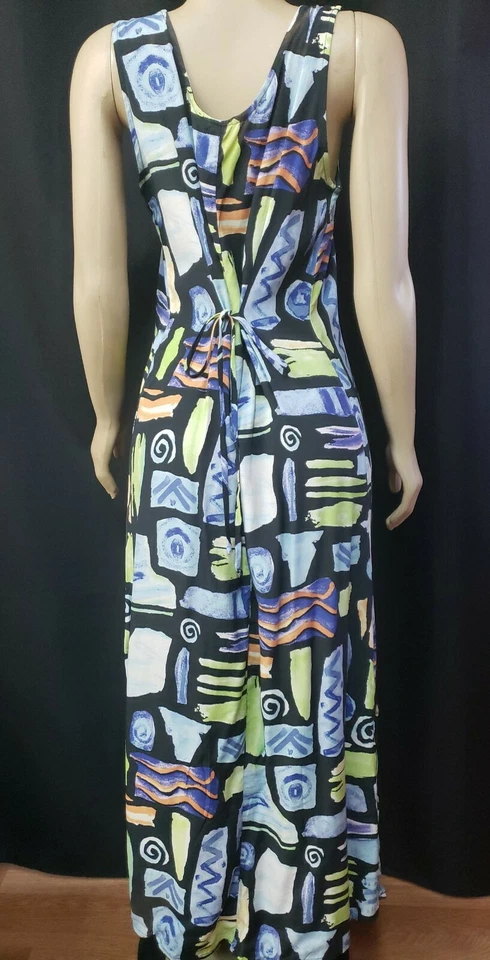 Vestido NINA PICCALINO Negro Multicolor Estampado Abstracto Sin Mangas 14 Lazos Espalda #C Foto 3 de 4