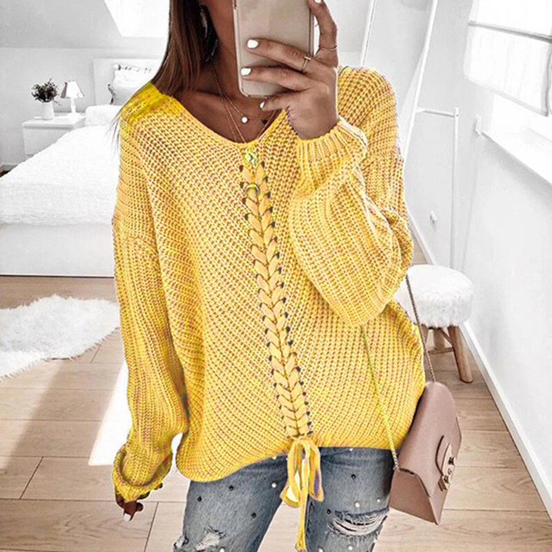 Women's V-Neck Pullover Top Long-Sleeved Sweater | eBay