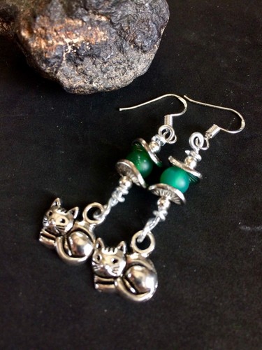 Silver Cat Charm Earrings With Aventurine Stone Bead - Picture 3 of 4
