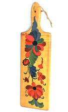 Vintage Rosemaling Wood Cutting Board Red Flowers Folk Art