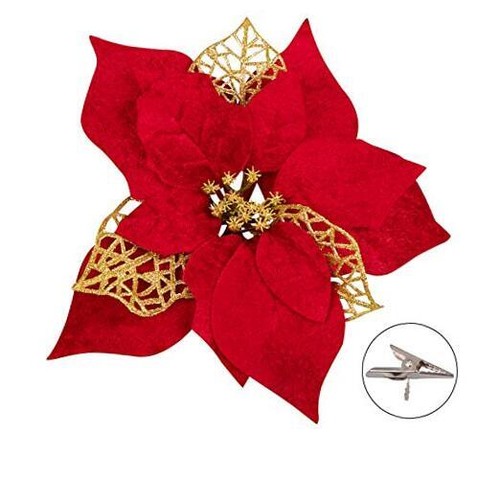 15 Pieces Poinsettia Artificial Christmas Flowers Decorations Xmas Tree Red