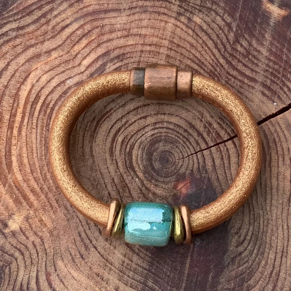 Artisan Leather Copper & Ceramic Cuff Bracelet Magnetic Closure - Image 4 of 4