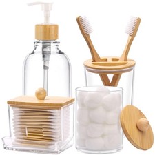 Bathroom Organizer Set 4Pcs, Toothbrush Soap Dispenser Qtips Holder, Clear