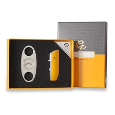Yellow Torch Cigar Lighter & Cutter Windproof 3 Jet Flame Lighters Gifts Set Box