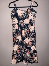 Cynthia Rowley Navy Pink Floral A-Line Midi Dress Linen Sleeveless Sweetheart 6