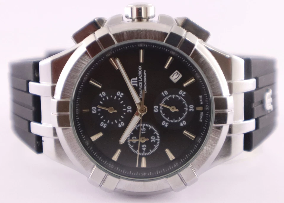Luxury Maurice Lacroix Men Chronograph Black Dial 'Date' Wristwatch Rubber Band - Image 4 of 4