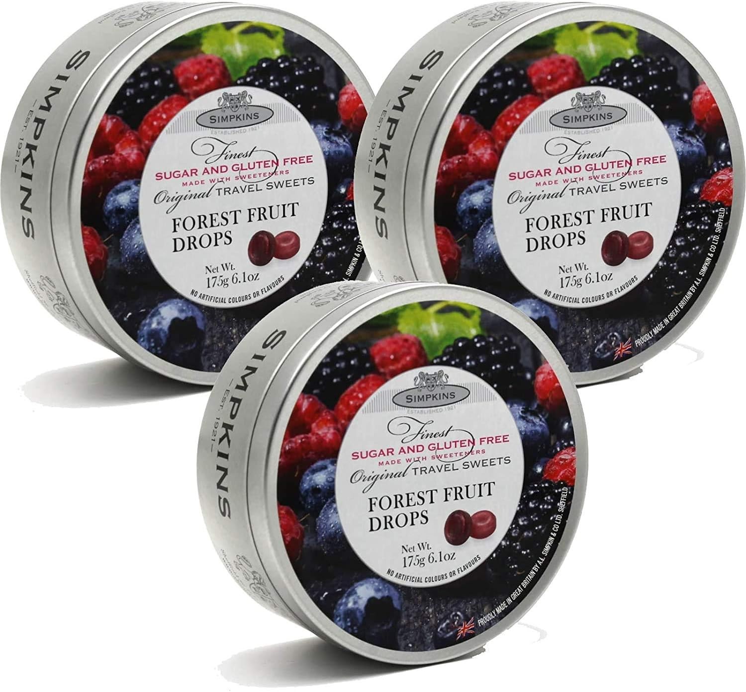 Simpkins Sugar Free Forest Fruit Travel Sweets 175g Tin (Pack of 3)