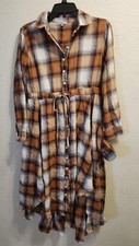 JODIFL Shirt Dress Womens Small Brown Plaid Drawstring Waist Raw Frayed Hem