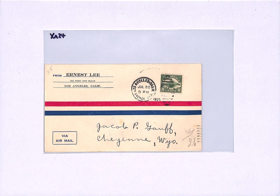 USA Air Mail 8c PROPELLER (#C4) Cover 1925 Los Angeles-Cheyenne Wyoming XA24 - Image 4 of 4