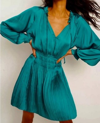 Current Air Anthropologie Pleated Mini Dress Smocked Waist, Color Teal Size  M | eBay