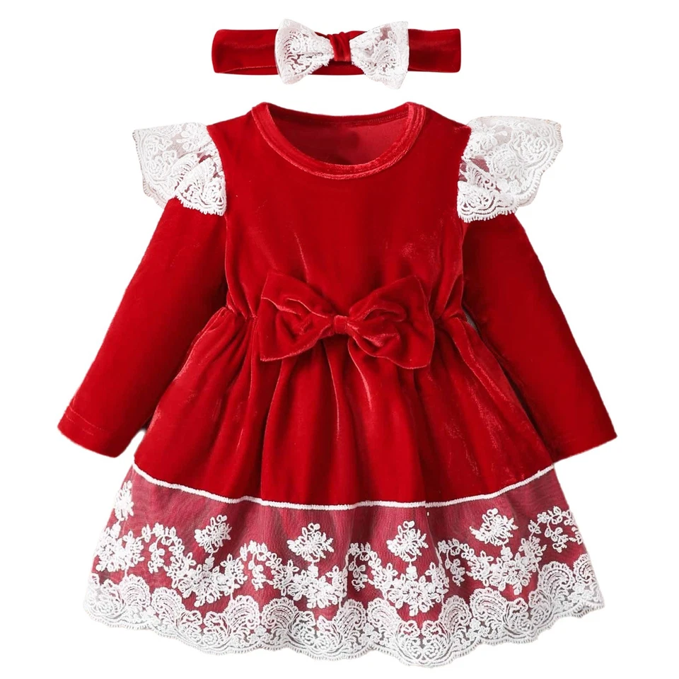 Baby Mädchen Samt Neugeborenes Kleider Spielkleidung Weihnachts Outfits Tutu - Bild 2 von 3