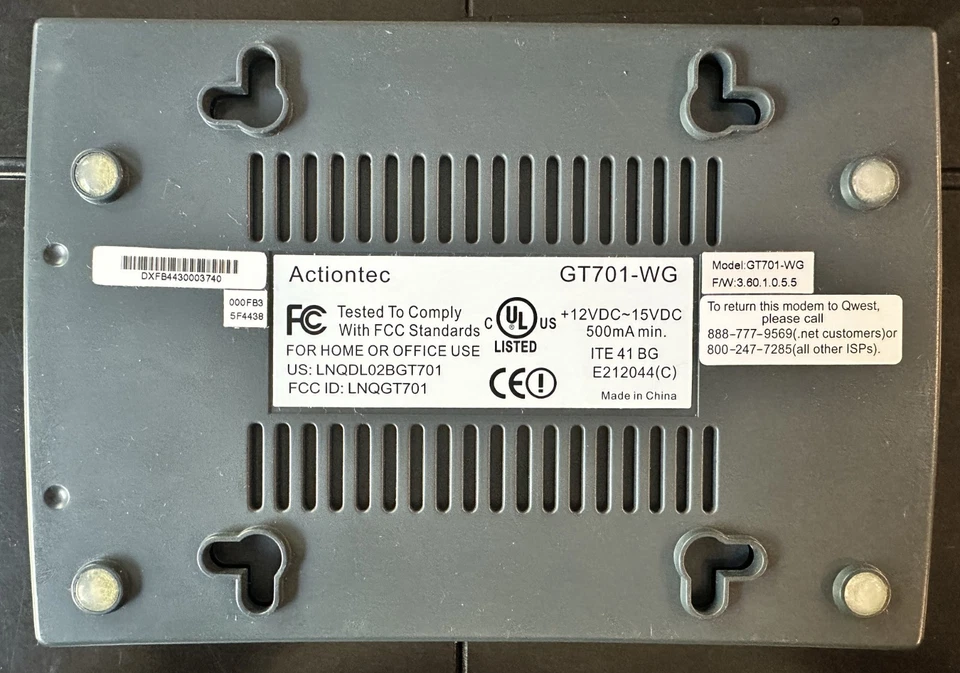 Módem DSL de 1 puerto ACTIONTEC GT701-WG 54 Mbps con router inalámbrico G Gateway Qwest Foto 3 de 3