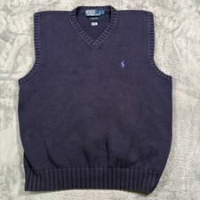 Vintage Polo Ralph Lauren Vest Sweater Mens Large Navy Blue Cotton Knit V Neck