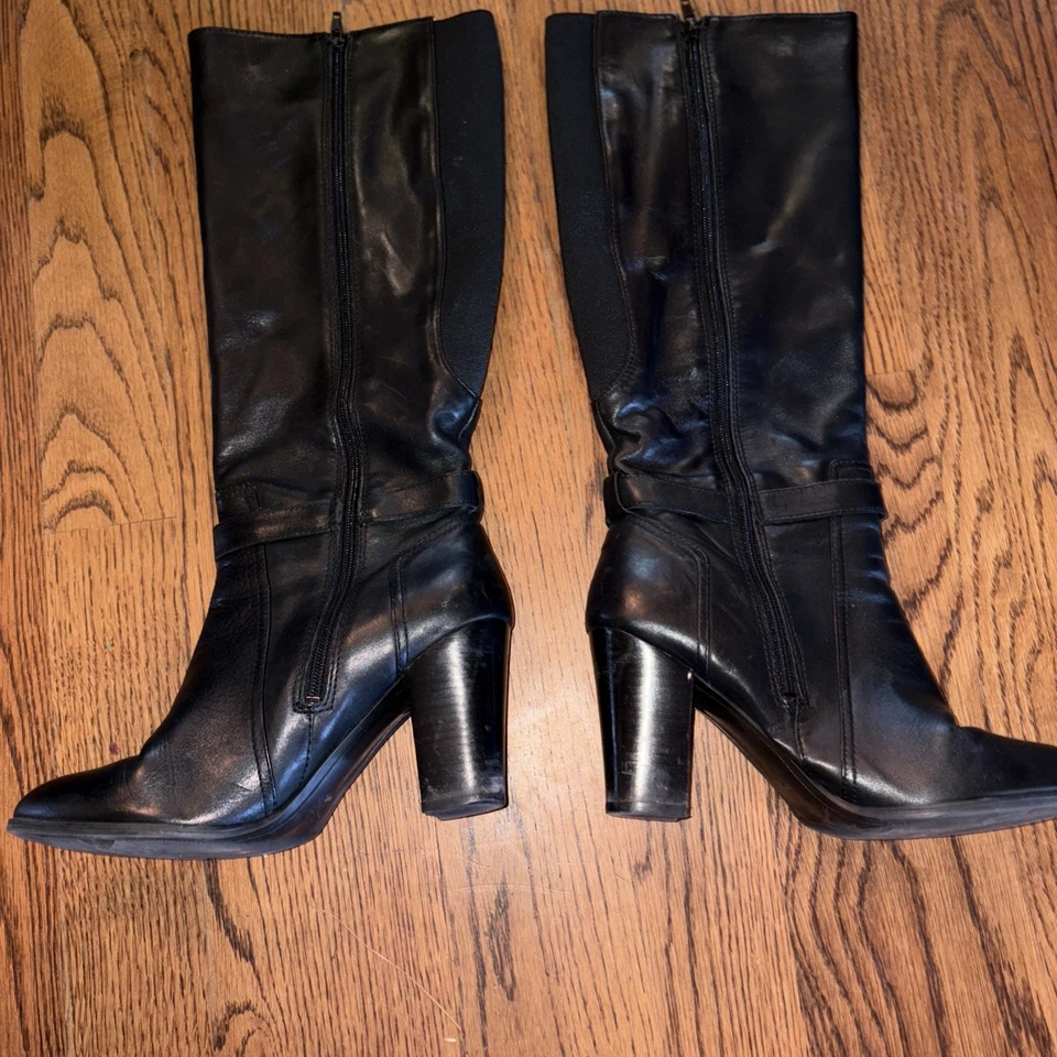 Botas hasta la rodilla Marc Fisher Kessler para mujer de cuero negro con cremallera talla 11 tacón bloque Foto 2 de 4