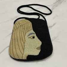 Vintage Beaded Portrait Shoulder Bag Art Deco Style Womens Face Evening Cocktail
