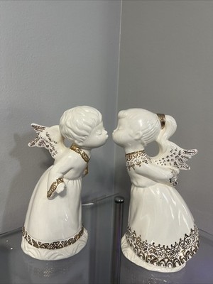 Kissing Angels Handmade  White & Gold   Gloss Ceramic Girl & Boy  VTG 1985  9''