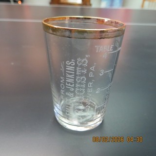 Pre prohibition acid etched shot glass Emlet & Jenkins Druggists Hanover PA