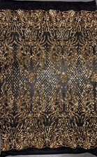 Phoebe GOLD Sequins on BLACK Mesh Lace Fabric by the Yard - 10062