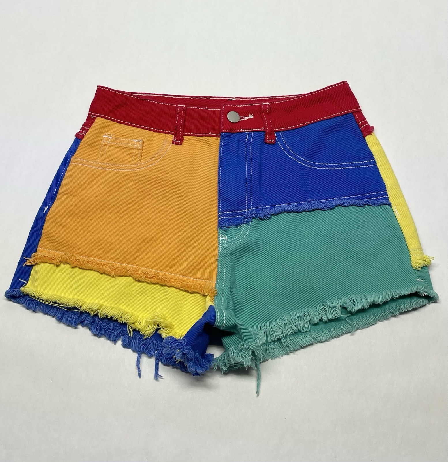 Rainbow Colorblock Patchwork Frayed Cutoff Shorts Size XS Pride Dopamine Retro
