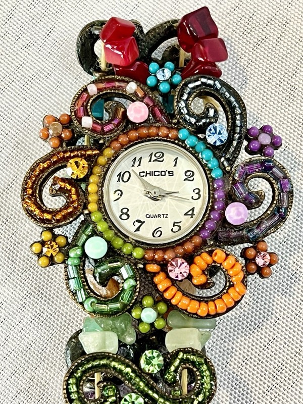 Chico’s Decorative Rhinestone Beaded Watch No Back Untested For Parts/Repair