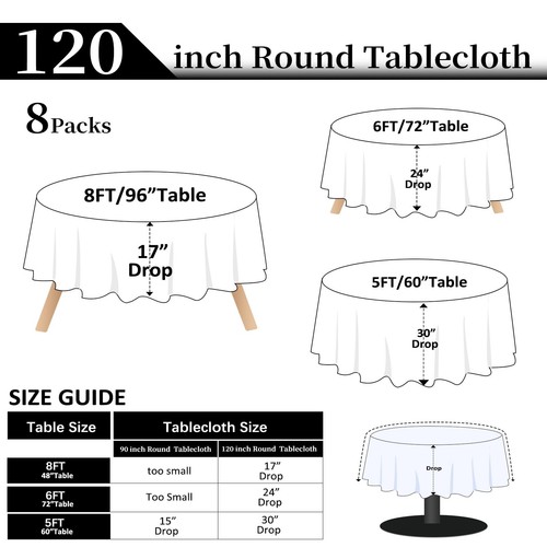 8 Packs Round Tablecloth 120 Inch Black Circle Table Cloth, Washable Polyeste... - Picture 2 of 8