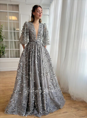 Gray Prom Dresses Grey Ball Gown Wedding Dress V-neck Wedding