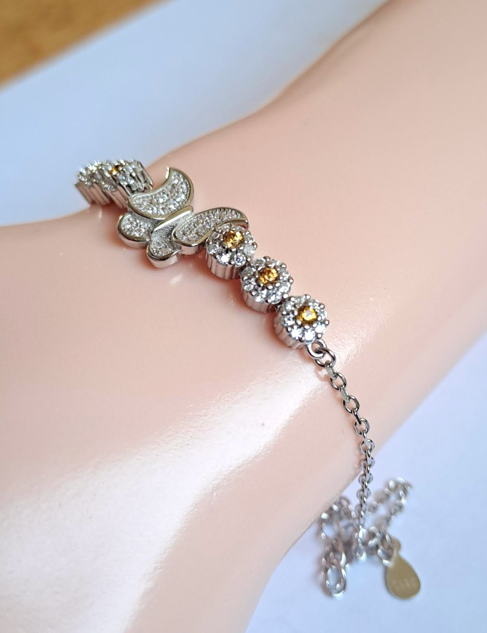 Bracelet saphir jaune argent 925 anti-ternissement or blanc et papillon délicat