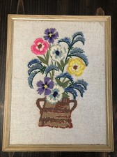 VTG Framed Crewel Embroidery Pretty Multi Color FLORAL PICTURE 70s Boho Decor