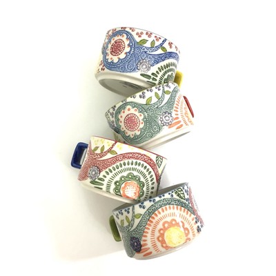 Pier 1 Paisley Batik Stackable Coffee Mugs Hand Painted SET 4 Hippie Boho EUC