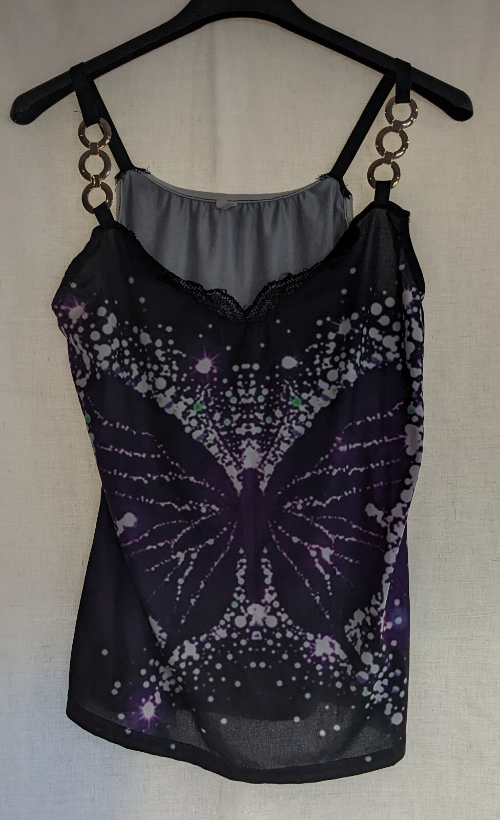 Black Lace V-Neck Vest Top with Gold Rings on Strap-image