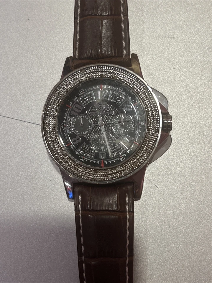 Pre-Owned Super Techno SilverCase Brown Band Diamond Men’s Watch (M-6134) - Image 3 of 4