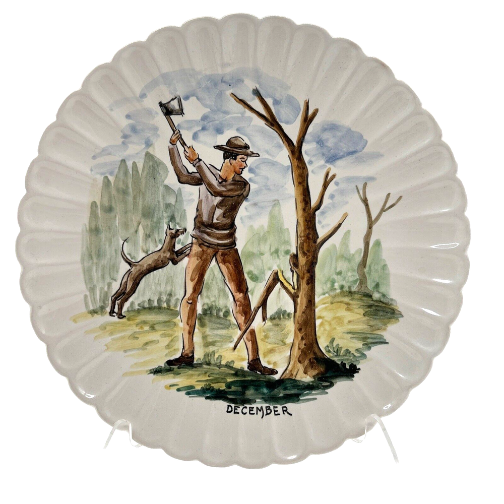 Italian Faience Plate Months of the Year December Chopping Wood Hand Painted  9”