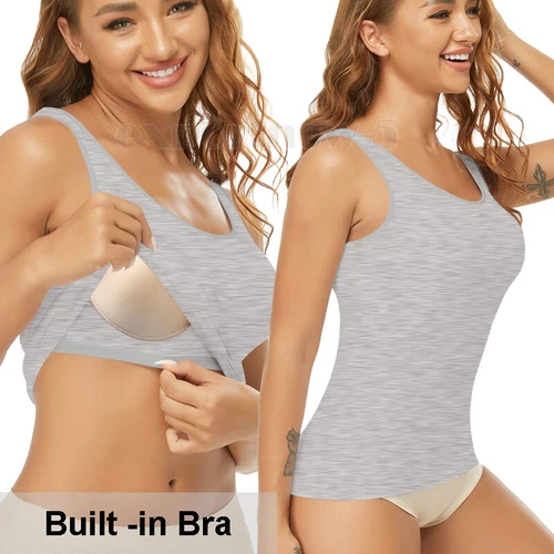 TANK TOP Womens Stretch Long Workout Fitness Sport Yoga Built in Bra Basic Top - Picture 12 of 61