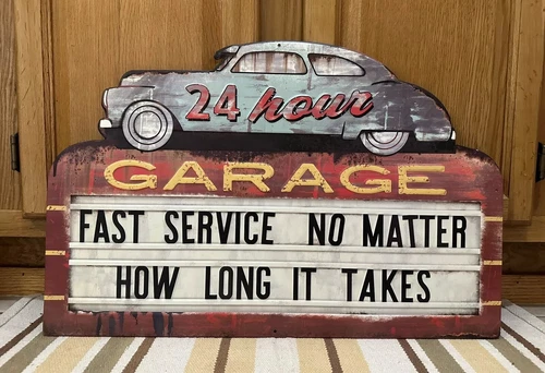Fast Service Garage Sign Metal Funny Tools Parts Gas Oil Vintage Style Decor
