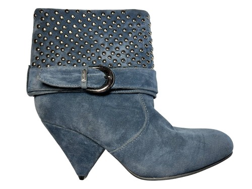 XOXO Quebec Studded Ankle Boots SIZE 8.5 Sculptural Heel Blue Faux Suede Bootie