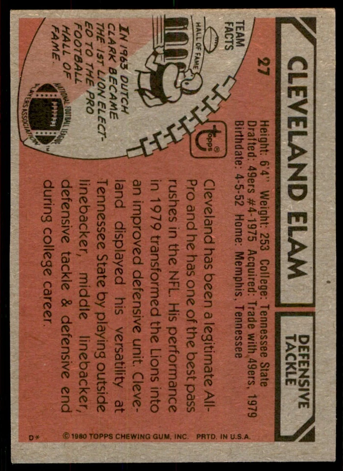 1980 TOPPS CLEVELAND ELAM DETROIT LIONS #27 - Image 2 of 2