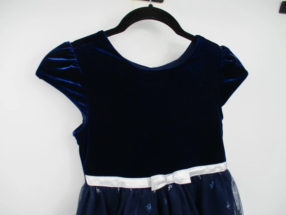 Vestido Jona Michelle Niñas 7 Azul Lentejuelas Forrado Mangas Cortas Botón Trasero Terciopelo Foto 4 de 4