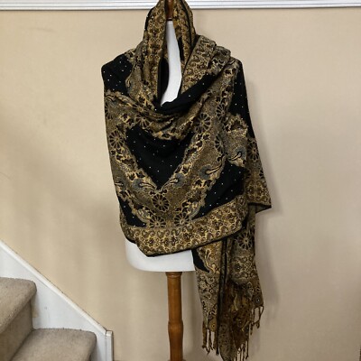 Black & Copper 100% Wool Wrap Scarf Shawl 3  Fringed Ends 87  x 41.5  Bling