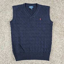 Polo Ralph Lauren Sweater Vest Youth XL Navy Blue Cable Knit V Neck Vintage 90s