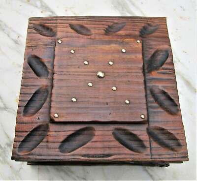 VINTAGE RUSTIC CARVED WOOD & BRASS HARDWARE TRINKET BOX / JEWELRY BOX 