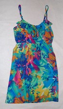 Womens Dress BRIGHT FLORAL Spaghetti Strap ABOVE KNEE XS 0-2 Ruffled Neckline
