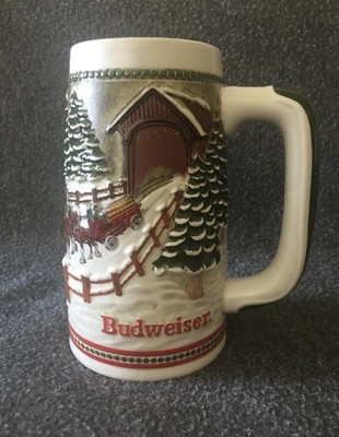 VINTAGE 1984 Budweiser Holiday Christmas Beer Stein Clydesdale Covered Bridge