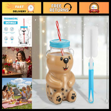 Cute 19oz Bear Straw Cup with Lid  Brush - Kawaii Glass Mug for Coffee, Juice,