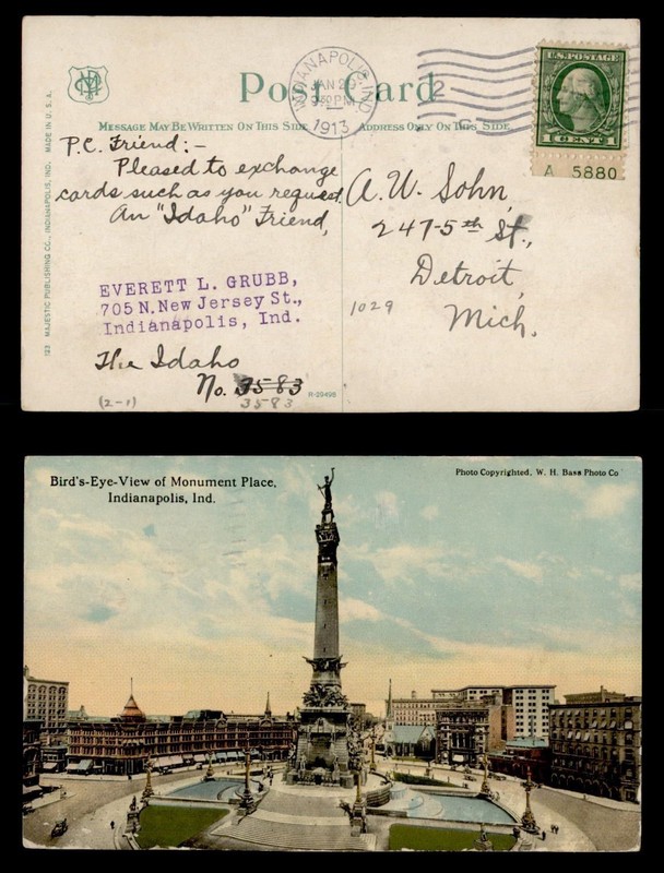 DR WHO 1913 PLATE #MONUMENT PLACE INDIANAPOLIS IN POSTCARD INDIANA R86144
