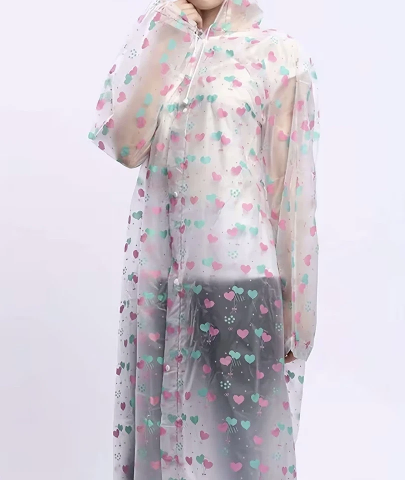 Womens Raincoat Thickened Waterproof Rain Coat Mac Transparent with Hearts - Image 3 of 4