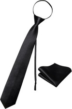 Zipper Tie for Men Adjustable Pre-Tied Satin Neckties and Pocket Square Set Soli