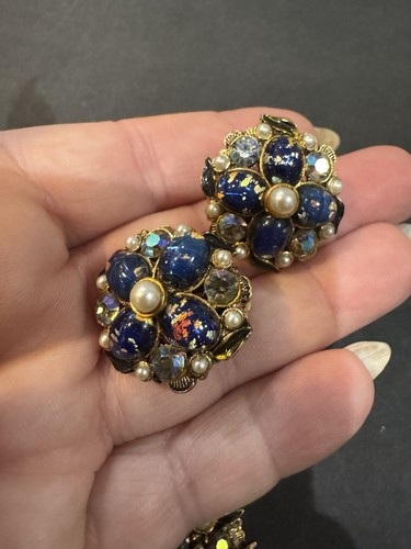Vtg Maltese Cross Cabochon Stones Pendant With Matching Clip On Earrings - Picture 2 of 7