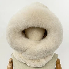 Winter Warm Windproof Fluffy Neckerchief Fur Hat with Scarf Women Real Fur Cap