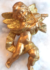 Vintage Christmas Ornament - LARGE 7" GOLD RESIN CHERUB ANGEL w/GOLD GLITTER