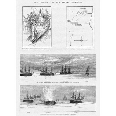 Kollision zweier deutscher eiserner Schiffe vor Sandtor - antiker Druck 1878